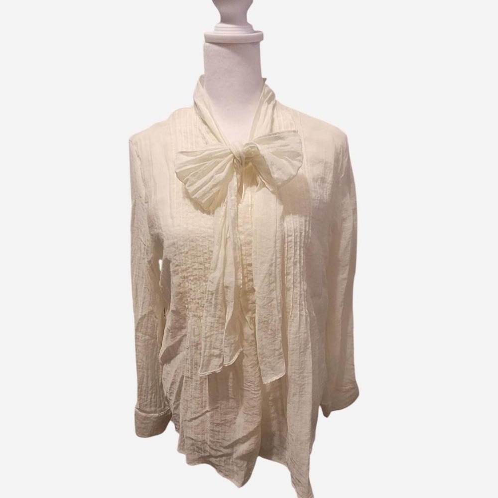 Cream She + Sky blouse with bodice pleating and attached‎ scarf blouse
